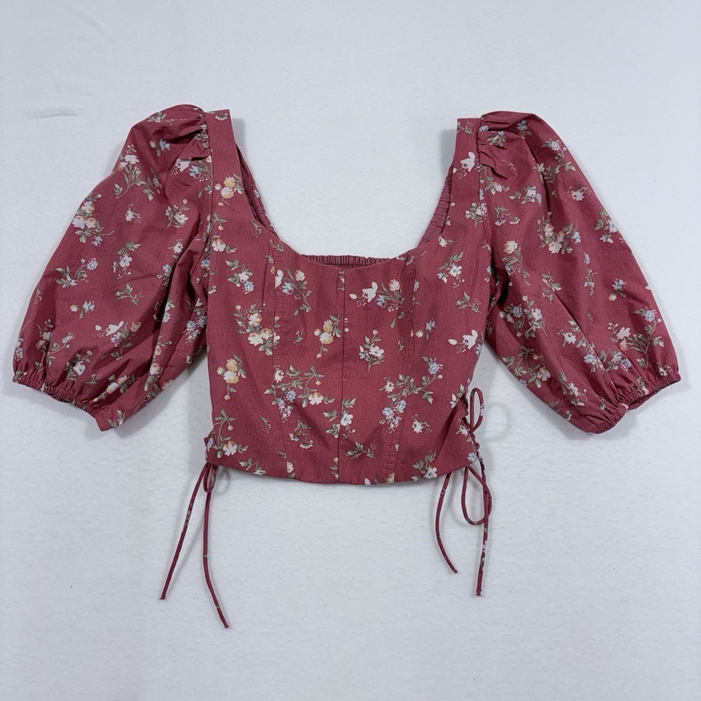 Abercrombie & Fitch Sz XS washed red floral puff sleeve side lace up Corset Top